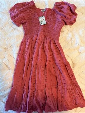 Nostalgia Rose Eyelet Smocked Midi Dress with Puff Sleeves